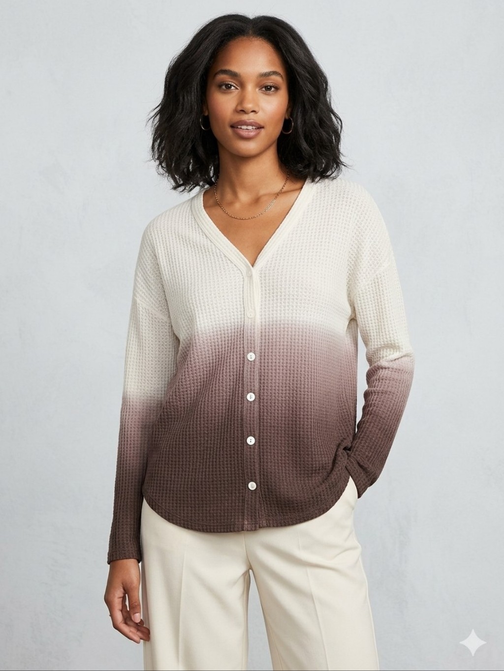 Sonoma White To Taupe Ombre Waffle-Knit Button Cardigan